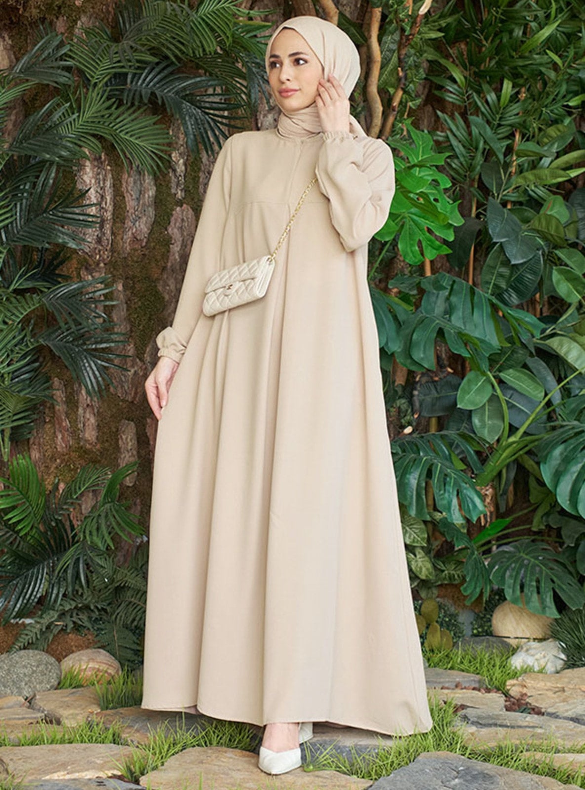 beige modest dress Macie Beaded Crochet Maxi Dress